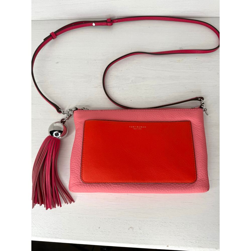Tory Burch Pebbled Leather Colorblock Crossbody Wallet Purse Pink Orange EUC - Picture 3 of 8